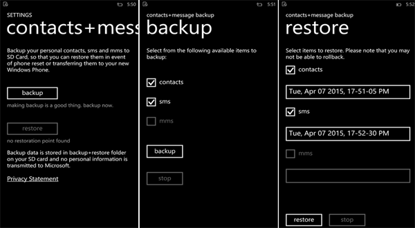 Windows Phone 8.1 cihazlar için yeni uygulama: Contacts+message backup