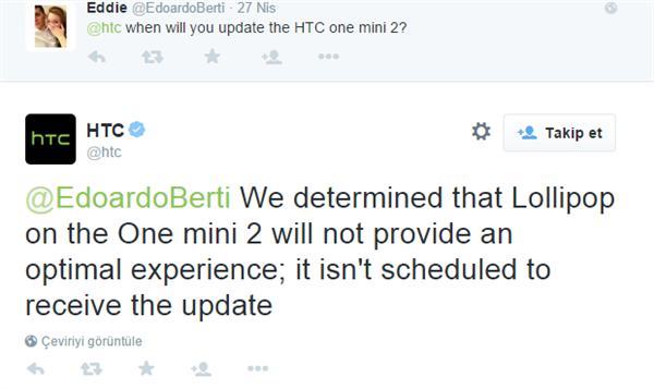 HTC One Mini 2 için Lollipop güncellemesi iptal edildi
