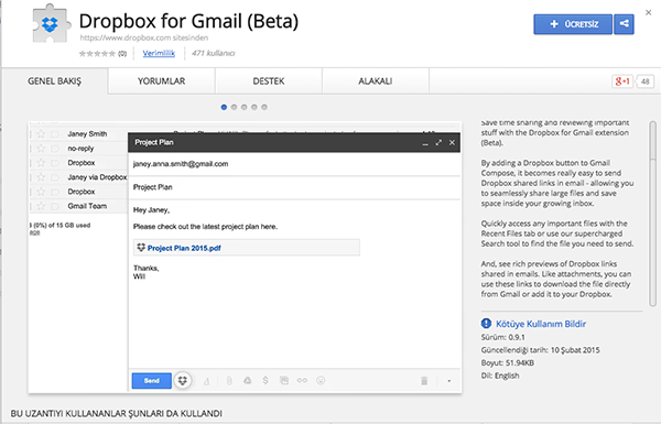 Gmail için hazırlanan Dropbox eklentisi güncellendi