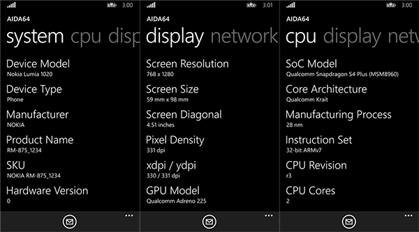 Windows Phone platfomuna sistem bilgiler için yeni uygulama: AIDA64