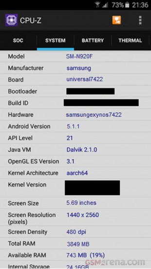 Galaxy Note 5'în Exynos 7422 işlemci ve 4GB RAM ile geleceği CPU-Z'de ortaya çıktı