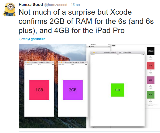 Apple iPhone 6s, iPhone 6s Plus ve iPad Pro Bellek Büyüklükleri Kesinleşti: 2 GB ve 4 GB