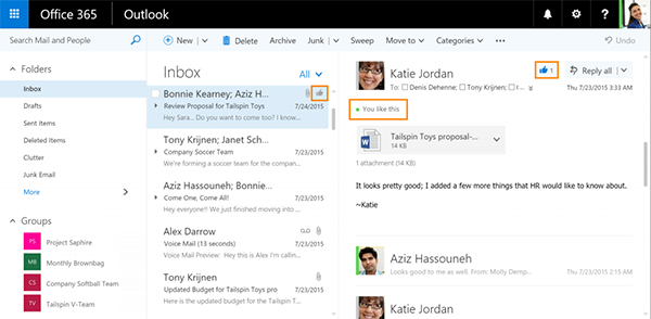 Outlook'un Web srümüne beğenme ve bahsetme özellikleri geldi