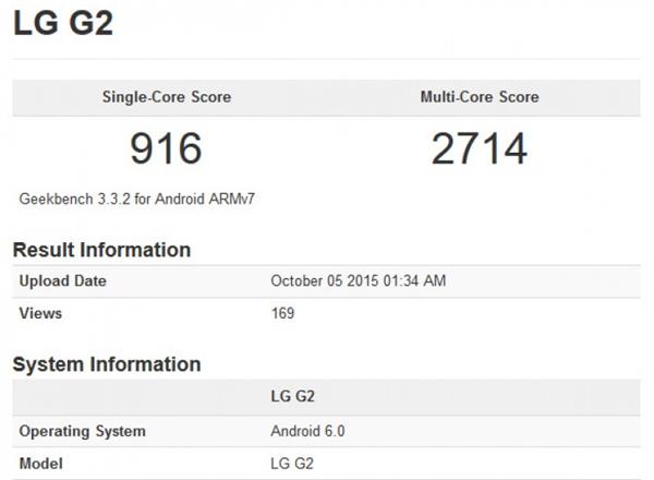 LG G2 benchmark testlerinde Android 6.0 Marhsmallow güncellemesiyle görüldü