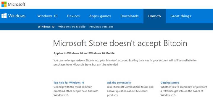 Microsoft artık Windows 10 Mağazası'nda Bitcoin'le ödeme kabul etmeyecek
