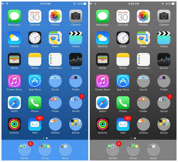 iOS 9.3 sürümündeki açık, klasörleri yuvarlak hale getiriyor