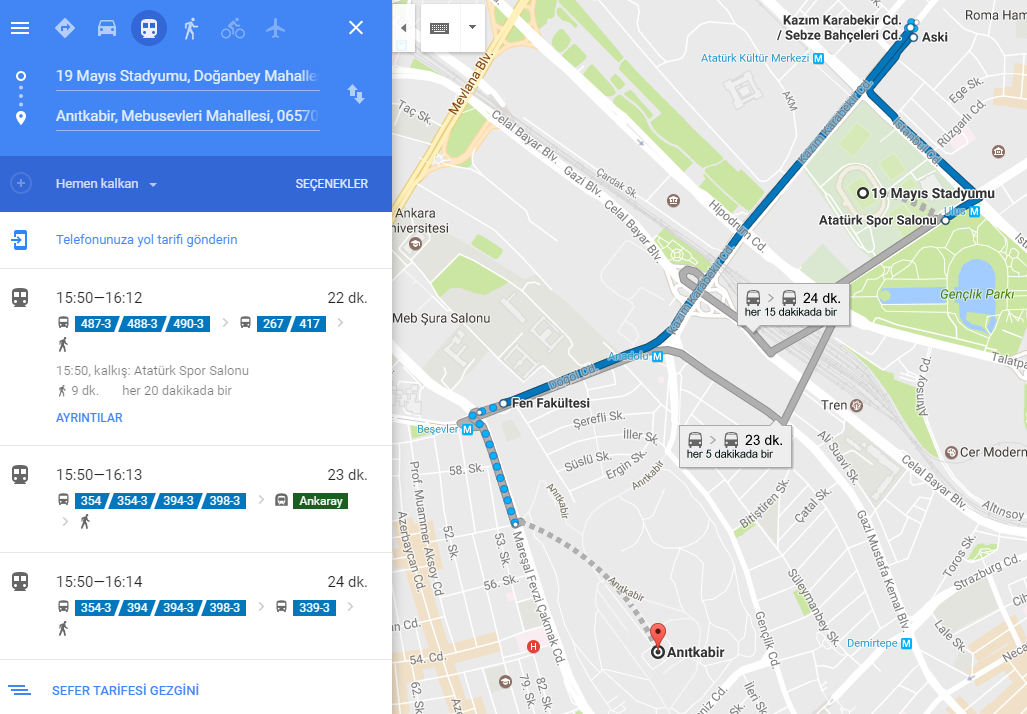 Google Maps artık ülkemizde toplu taşıma bilgilerini de gösteriyor