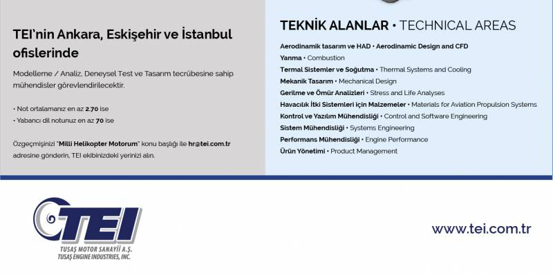 TEI, 'Turboşaft Motor Geliştirme Projesi' için genç mühendisleri işe alacak