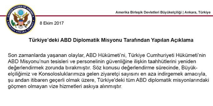 ABD Büyükelçiliği ülkemizdeki vize hizmetlerini askıya aldı (güncellendi)