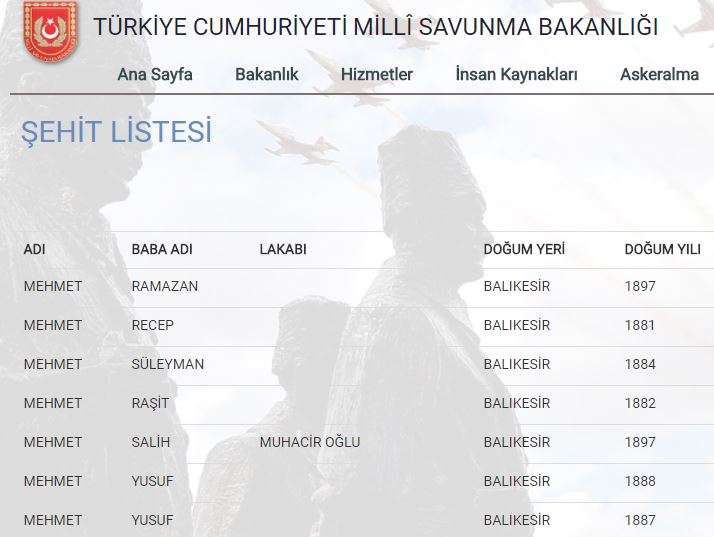 Milli Savunma Bakanlığı Şehitler Listesi