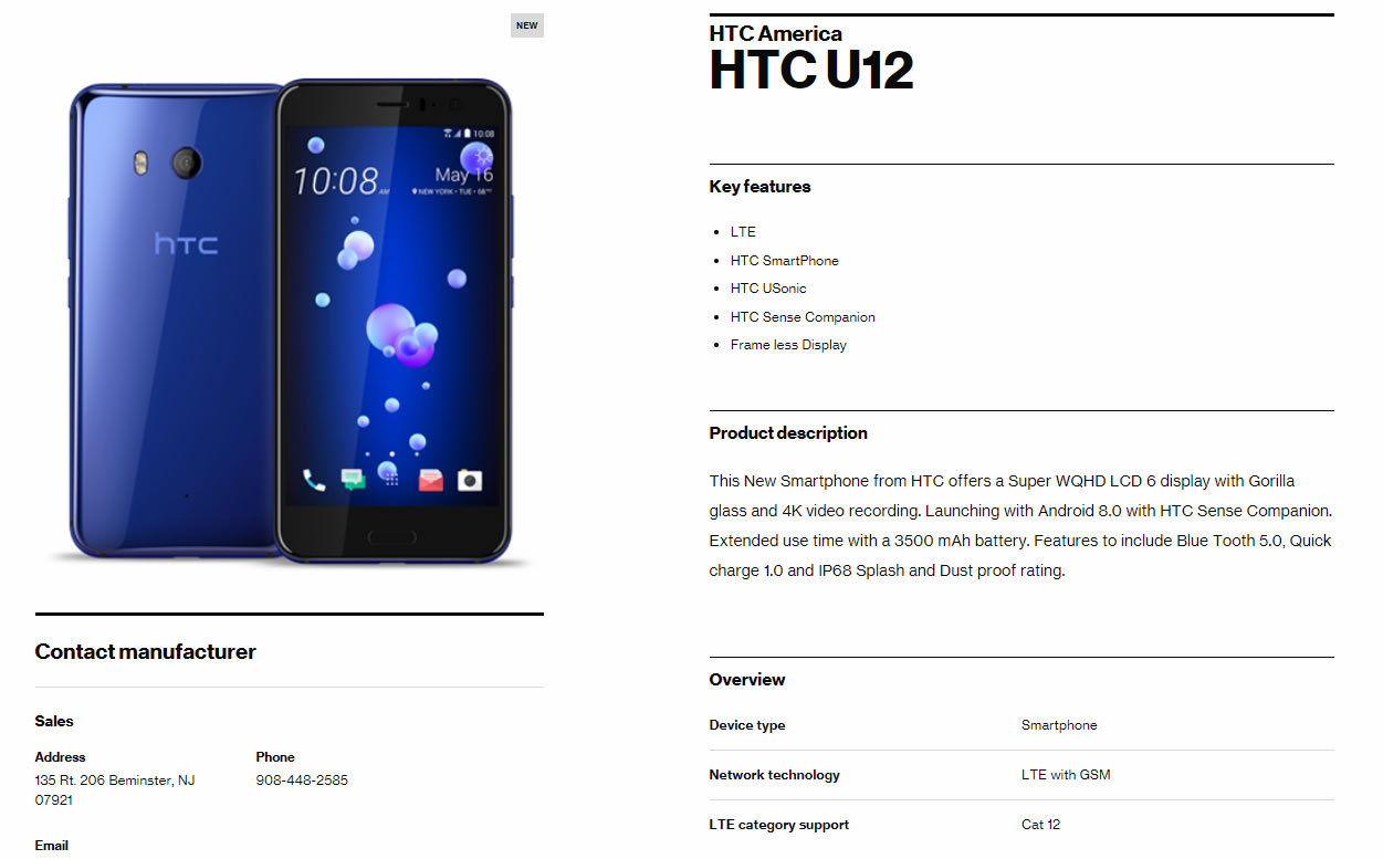 HTC U12, Verizon'un sitesinde listelendi: Çerçevesiz ekran, 3500 mAh pil