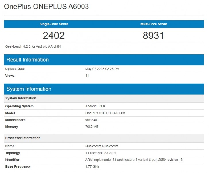 OnePlus 6’nın Geekbench puanı belli oldu