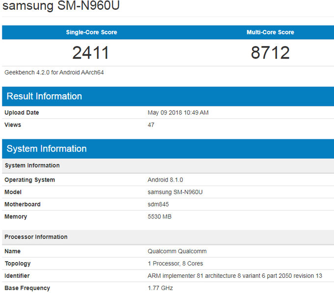 Galaxy Note 9 Geekbench sonuçları